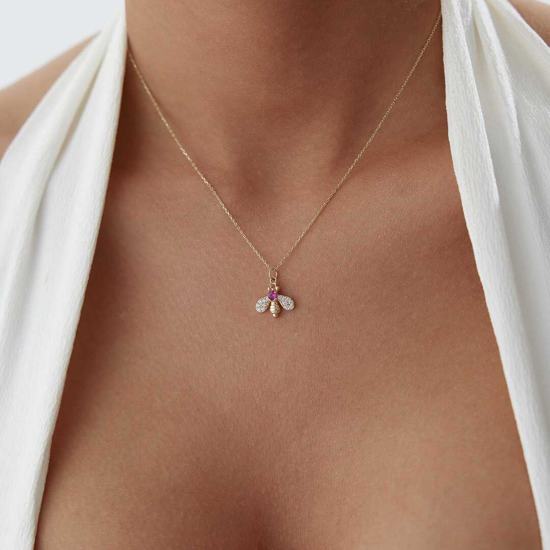 14k Gold Bee Necklace with Pave CZ