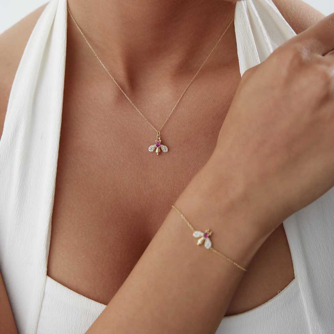 14k Gold Bee Necklace with Pave CZ