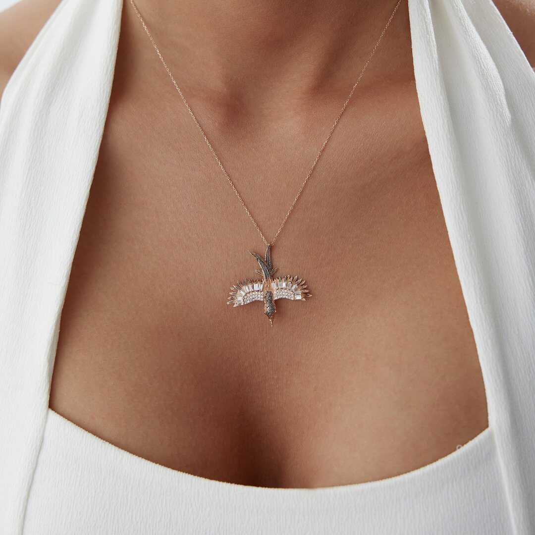 14k Gold Bird Necklace Pave CZ