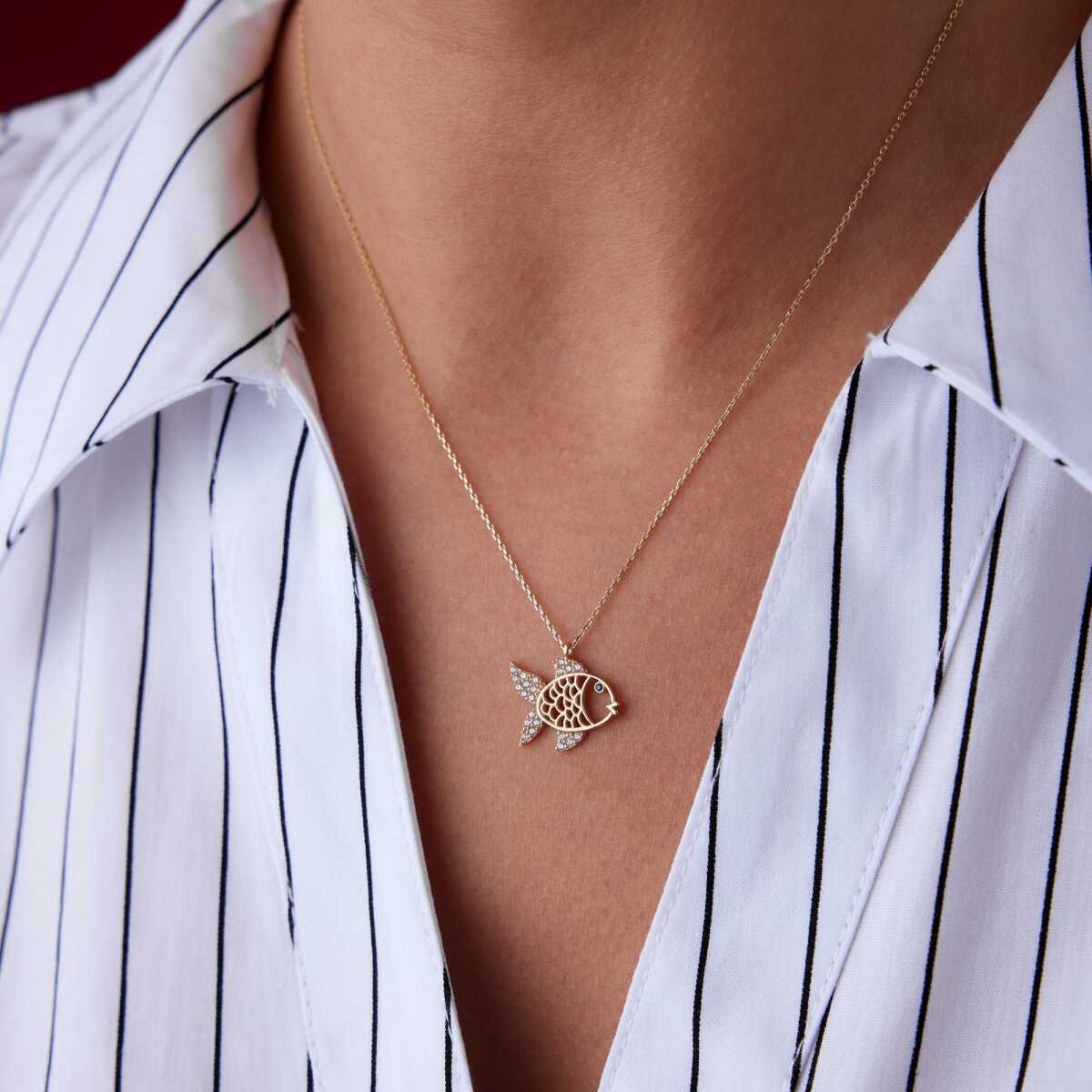 Fish Necklace with CZ in 14k Gold