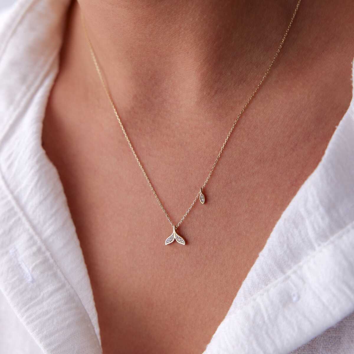 14k Gold Whale Tail Necklace with CZ
