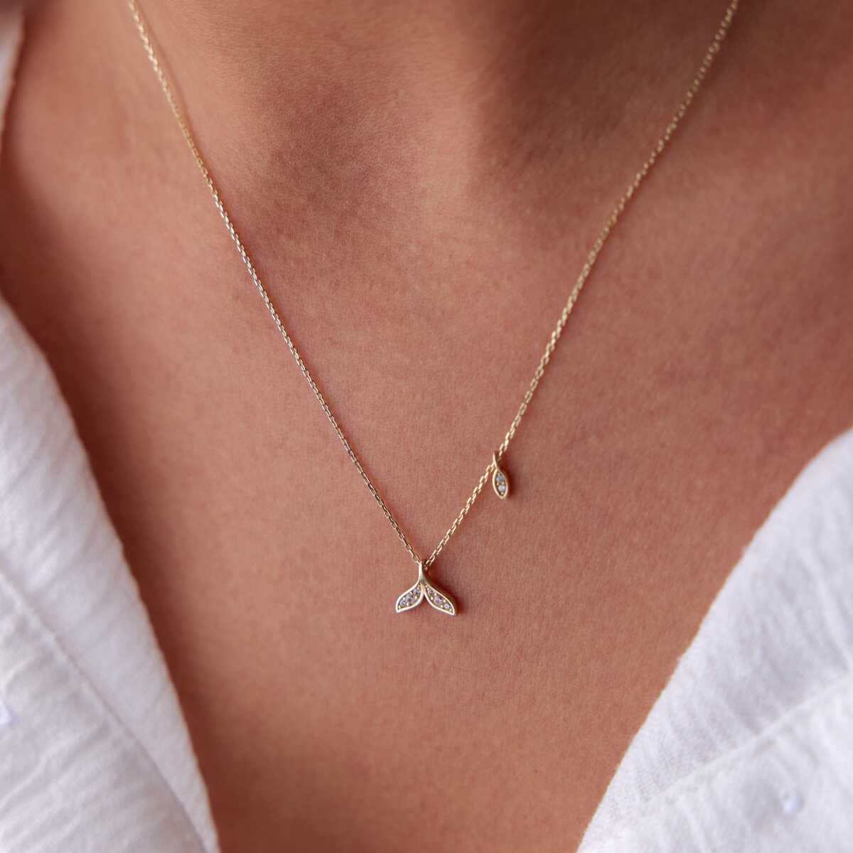 14k Gold Whale Tail Necklace with CZ