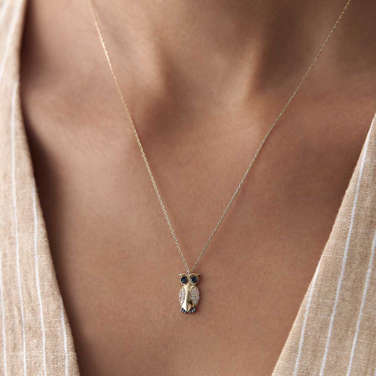 14k Gold Owl Necklace with Pave CZ