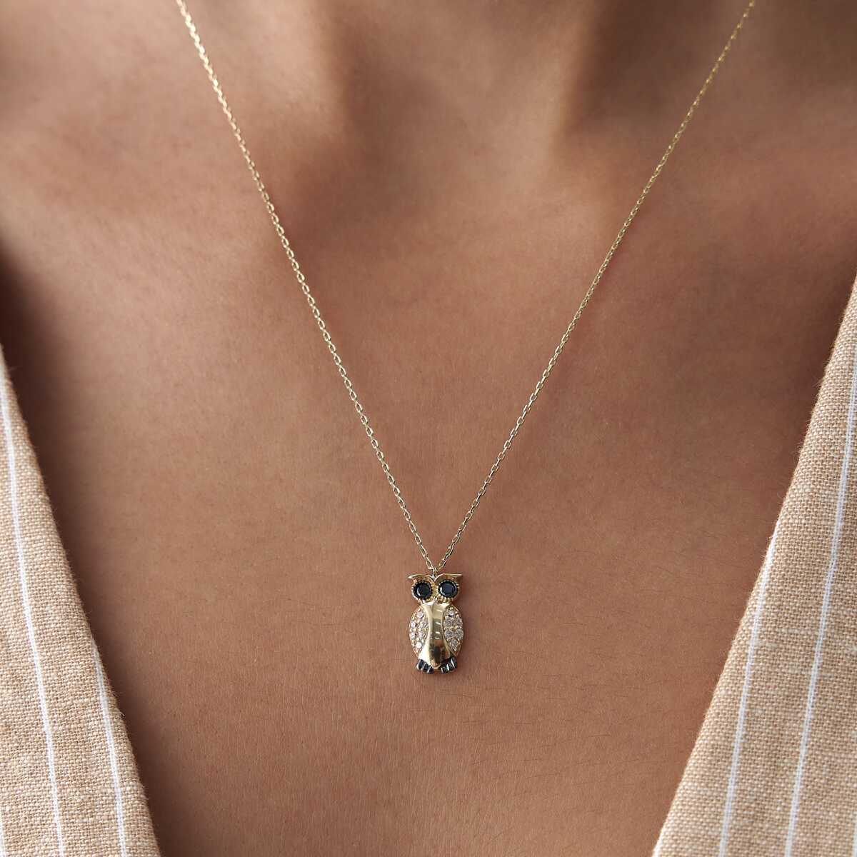 14k Gold Owl Necklace with Pave CZ