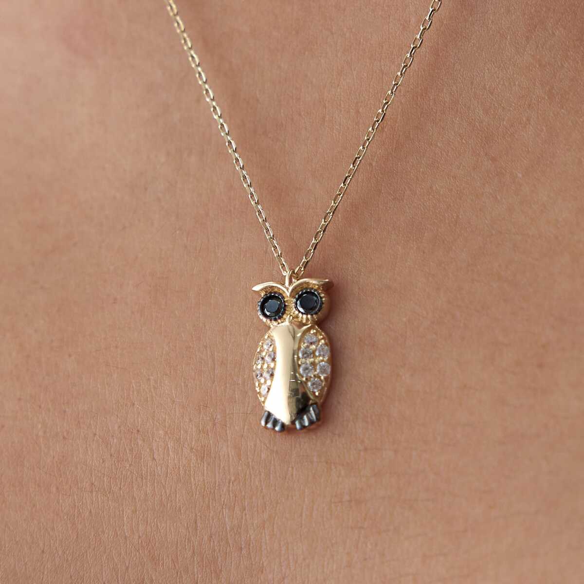 14k Gold Owl Necklace with Pave CZ