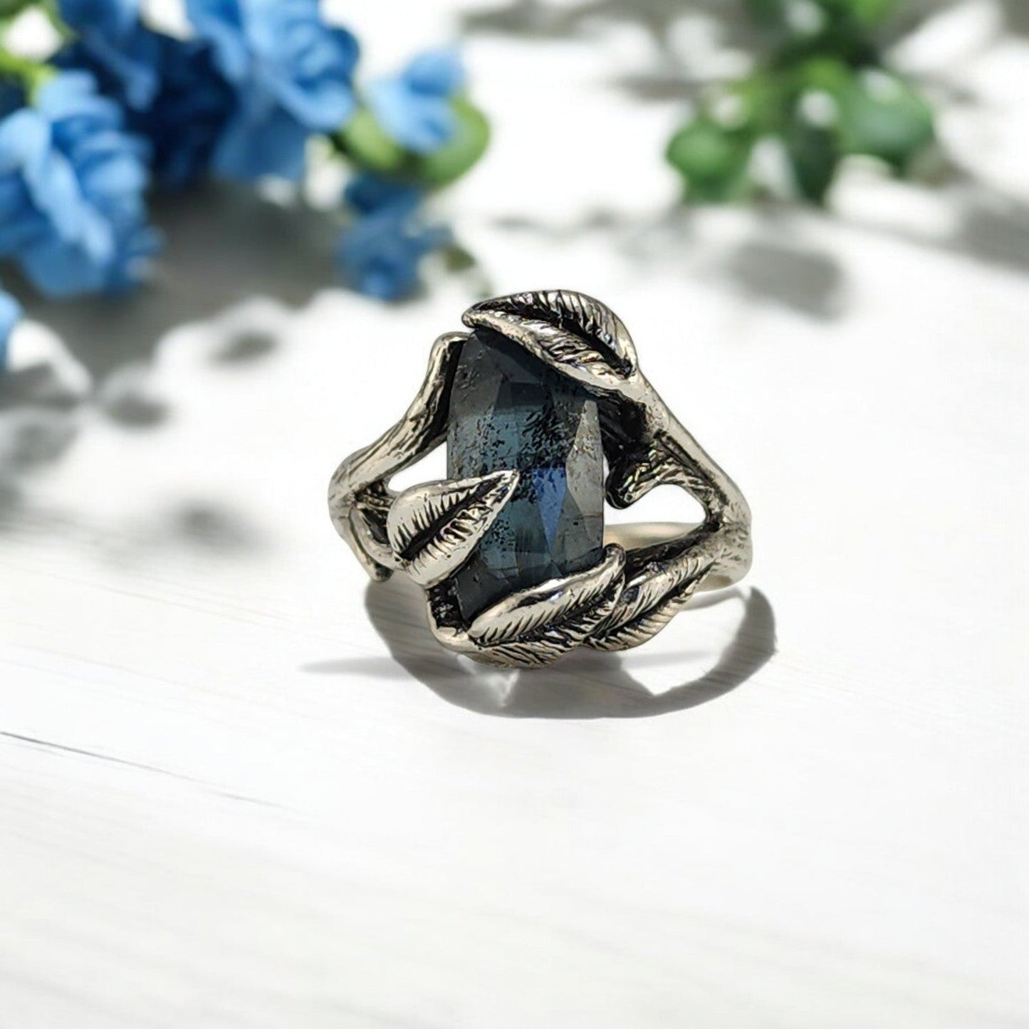 Teal Moss Kyanite Leaf & Twig Ring in Sterling Silver