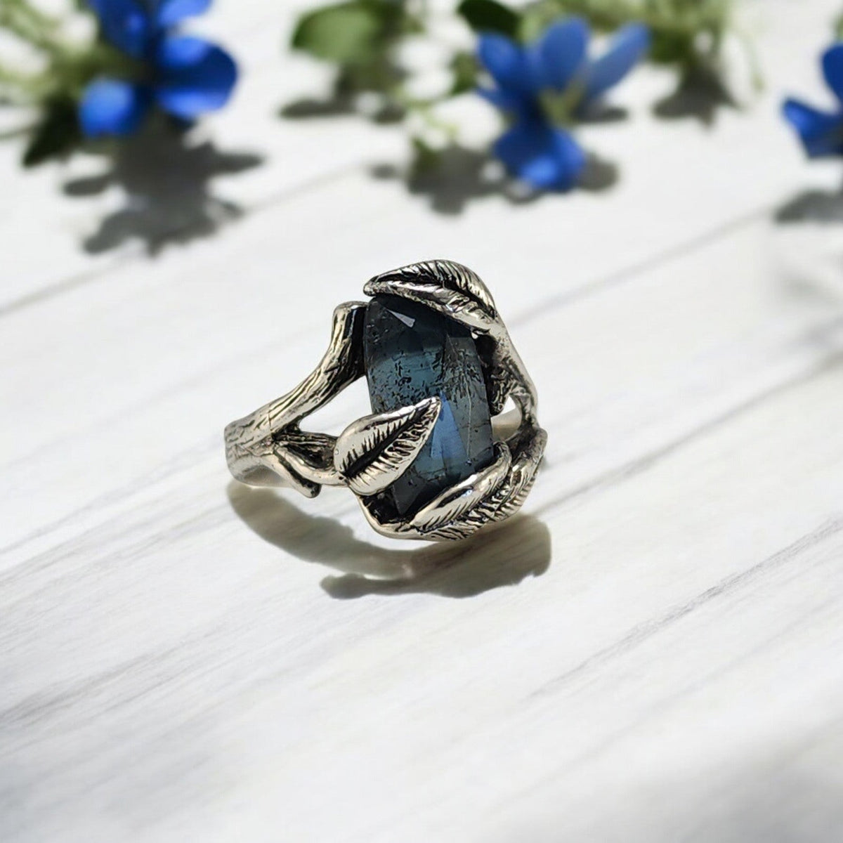 Teal Moss Kyanite Leaf & Twig Ring in Sterling Silver