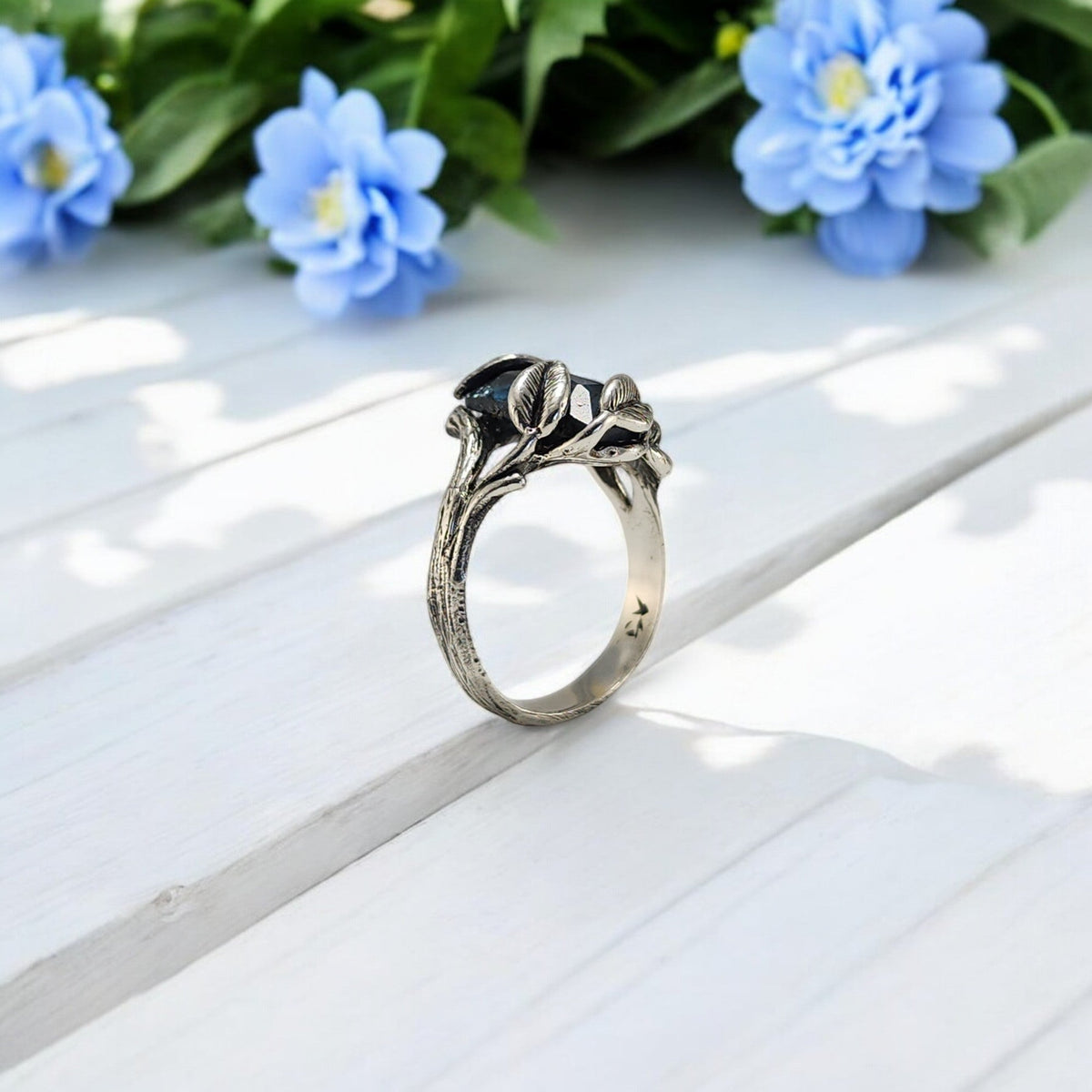 Teal Moss Kyanite Leaf & Twig Ring in Sterling Silver