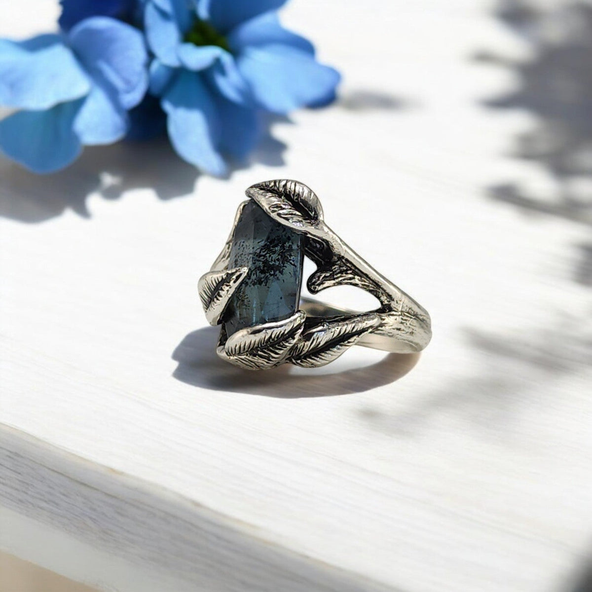 Teal Moss Kyanite Leaf & Twig Ring in Sterling Silver