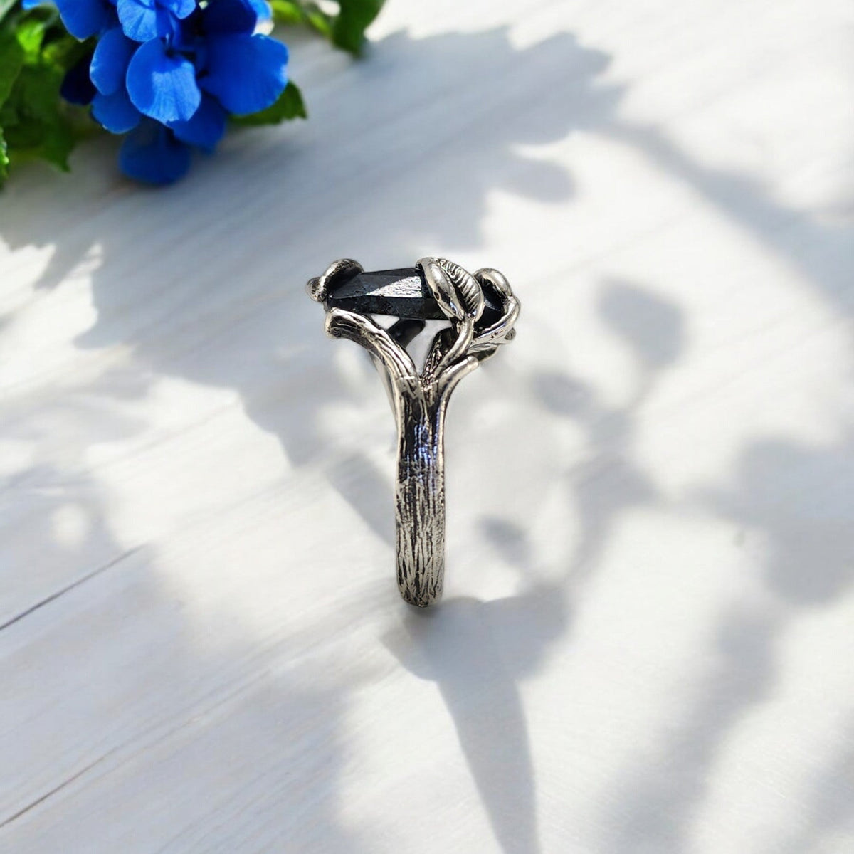 Teal Moss Kyanite Leaf & Twig Ring in Sterling Silver