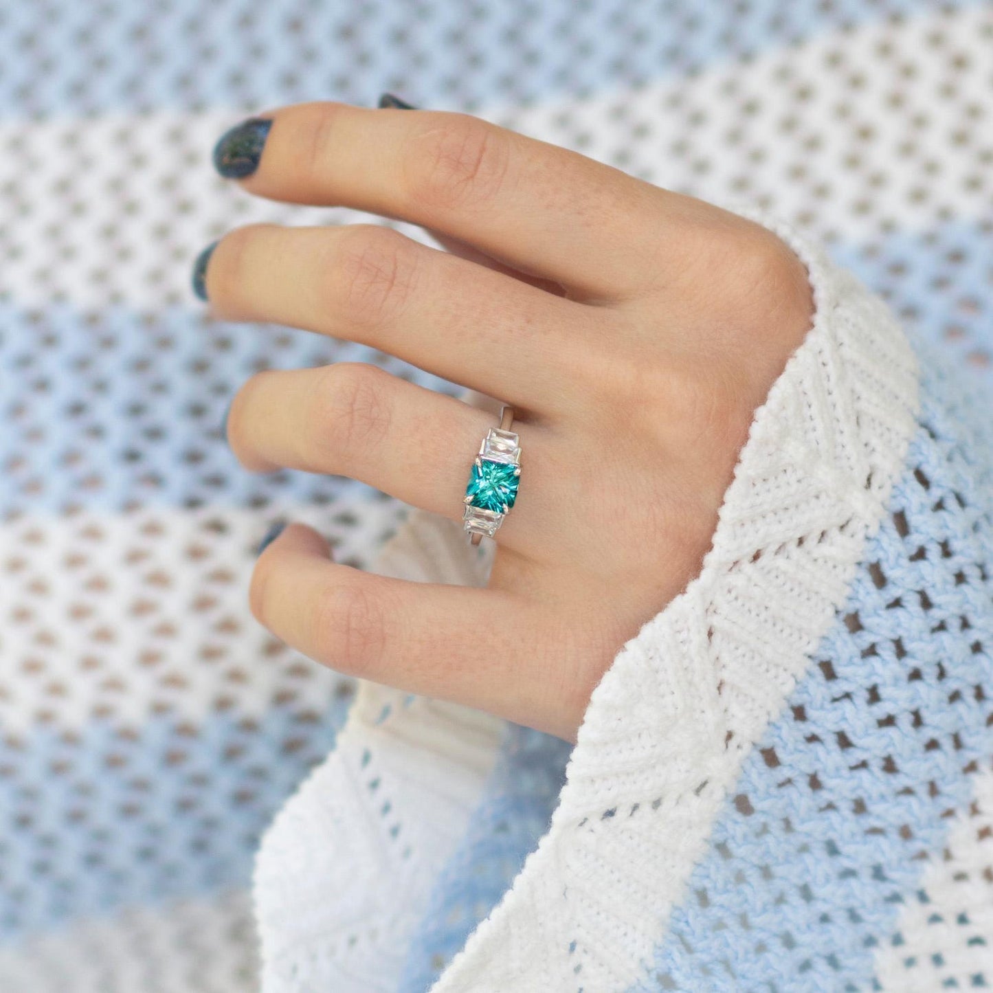 Art Deco Teal Sapphire Engagement Ring in Sterling Silver