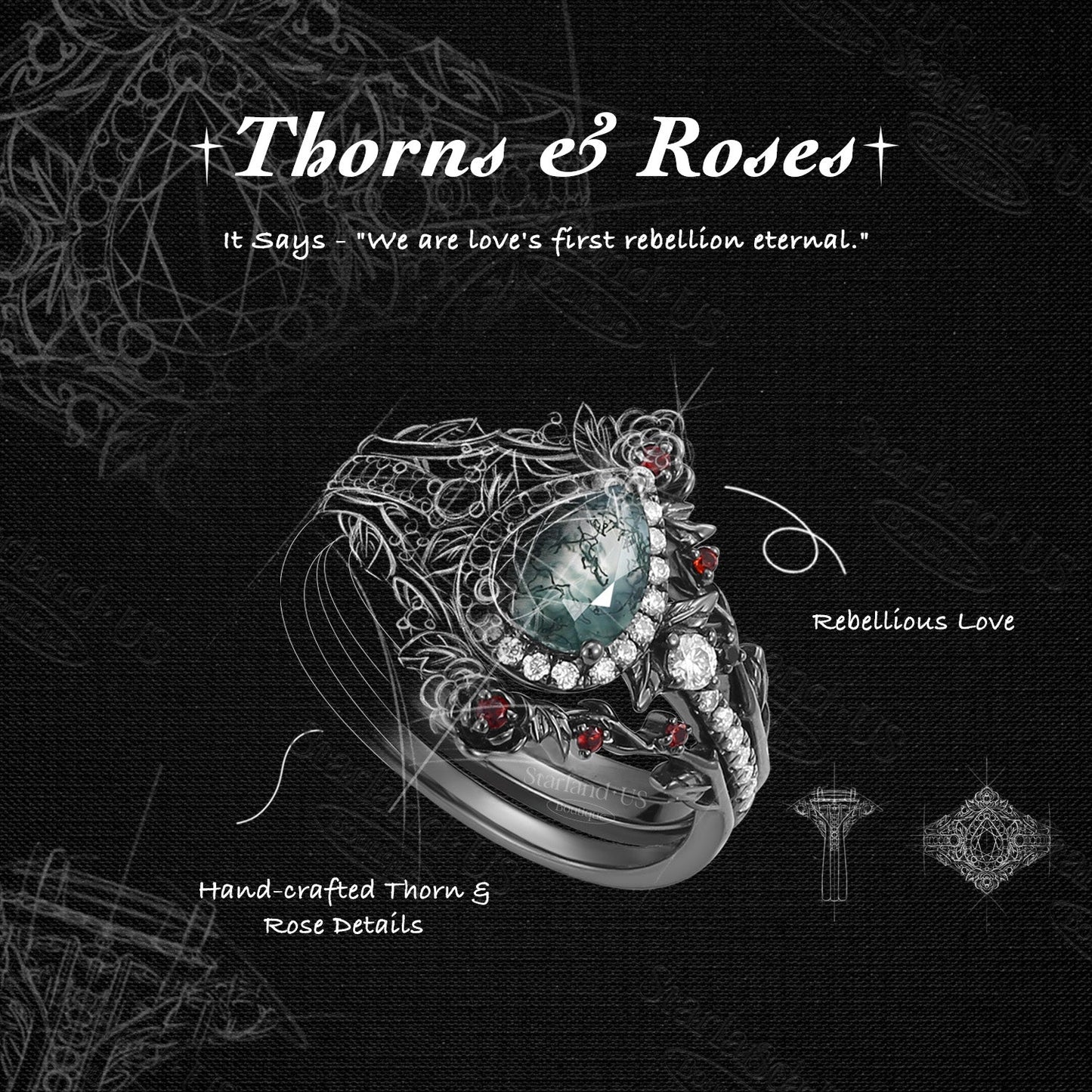 Nature Inspired Pear Cut Salt & Pepper Diamond 'Thorns & Roses' Halo Engagement Ring Set 3pcs