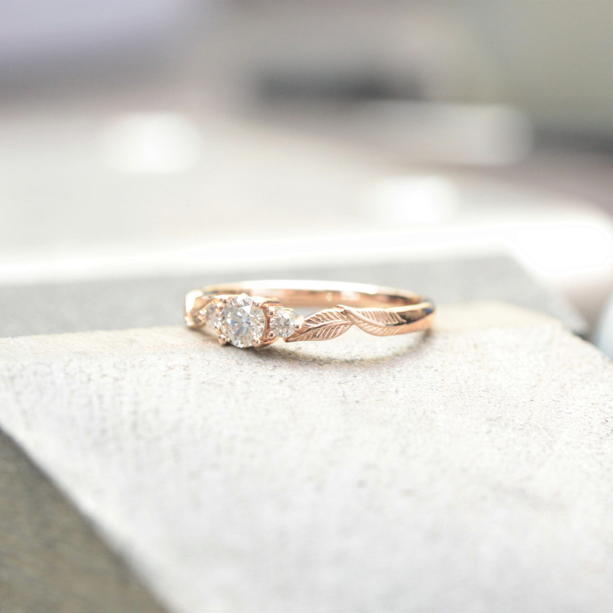 Three Diamond Leaf Engagement Ring