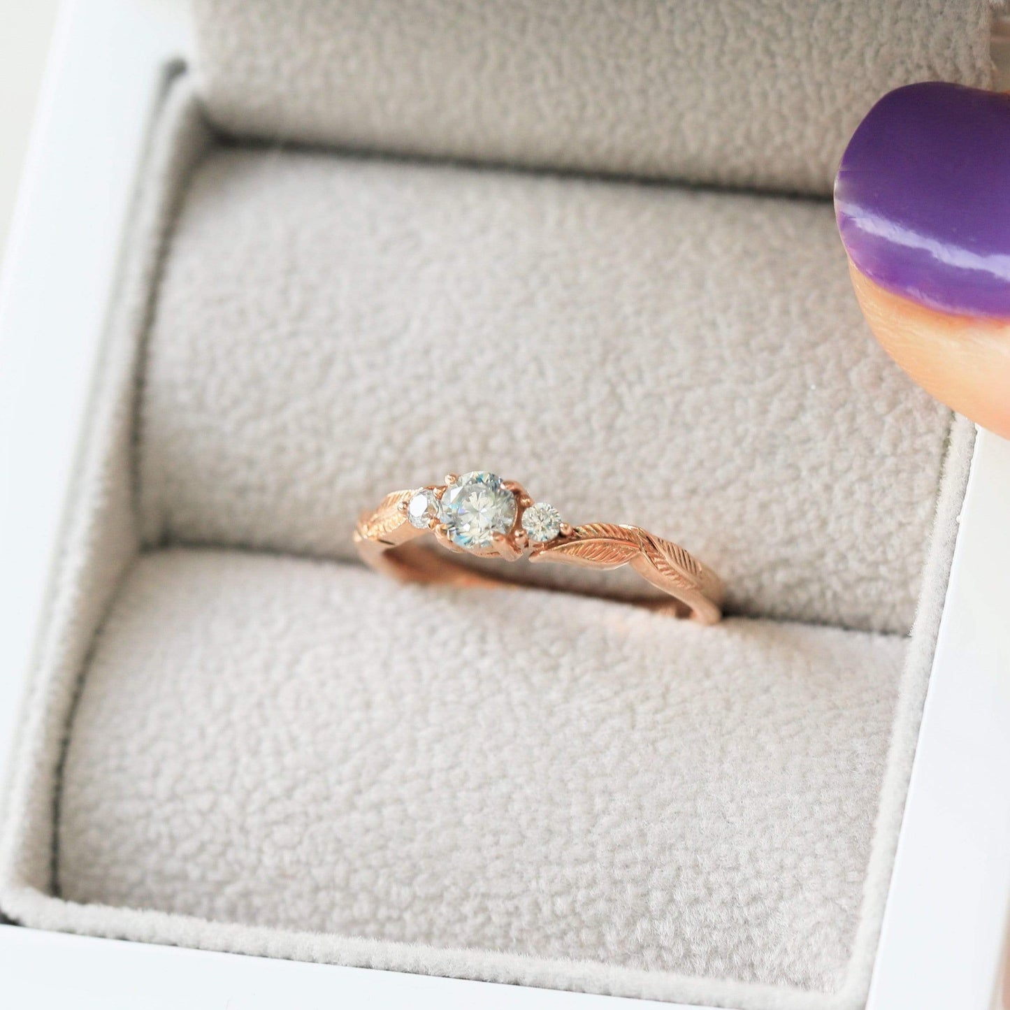 Three Diamond Leaf Engagement Ring