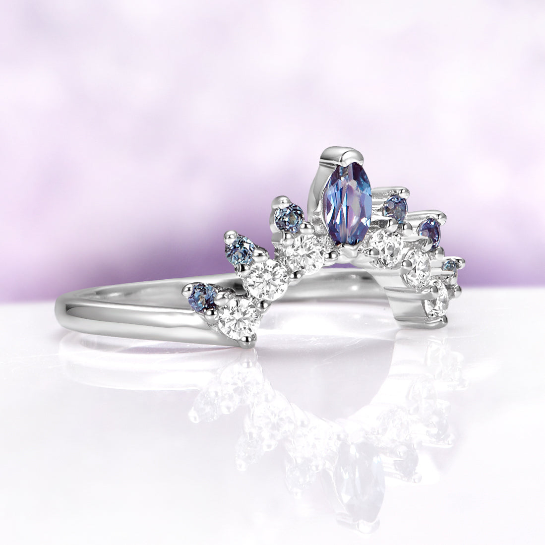 Alexandrite Curved Wedding Band in Sterling Silver