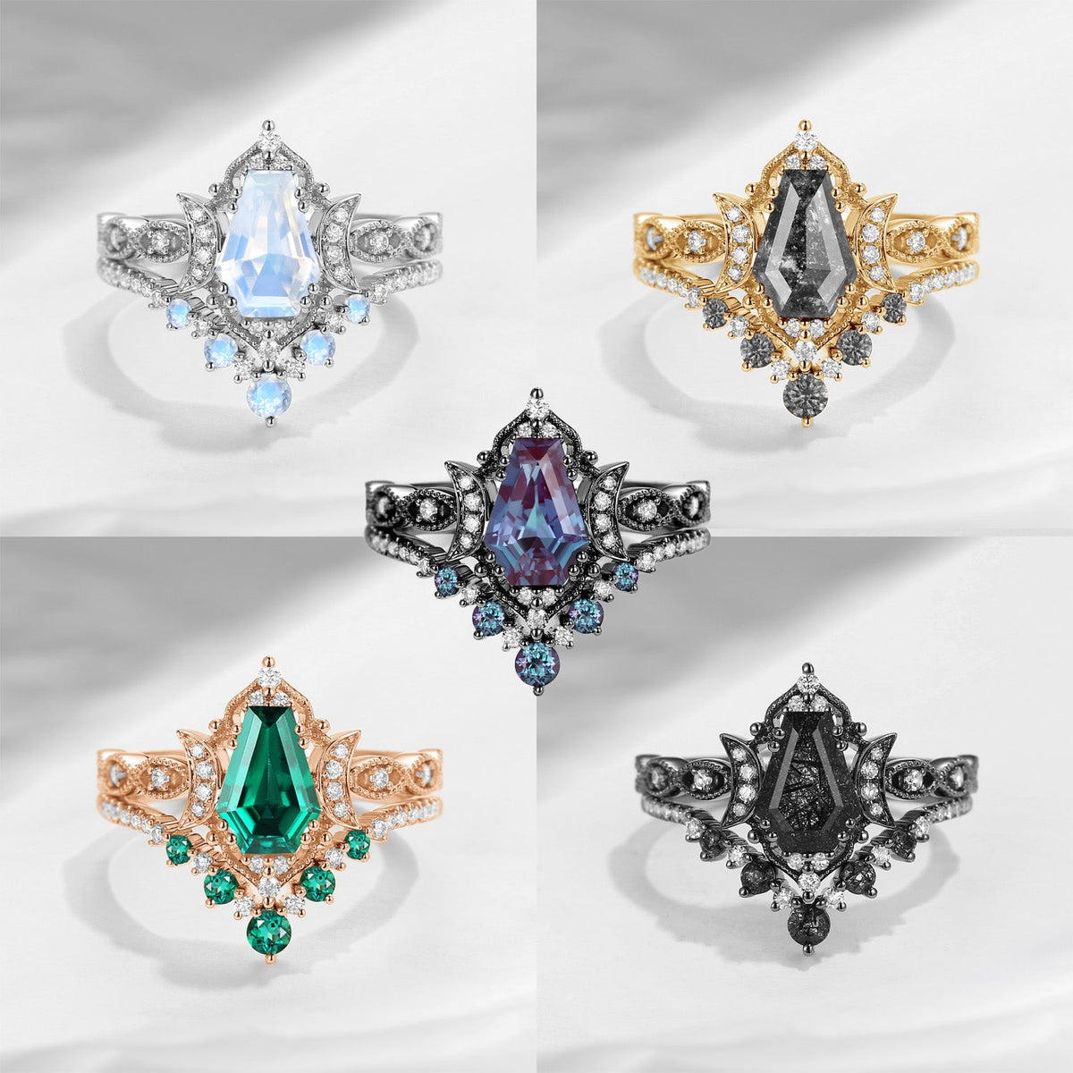 Crescent Moon | Coffin Cut Lab Tsavorite 'Till Death Do Us Part' Engagement Ring Set 2pcs