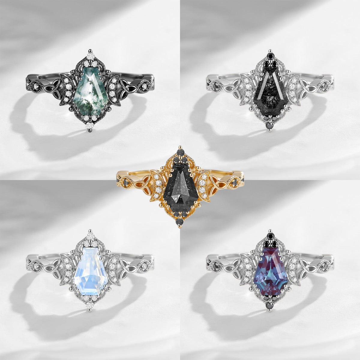 Crescent Moon | Unique Coffin Cut Herkimer Diamond Infinity Celtic Engagement Ring