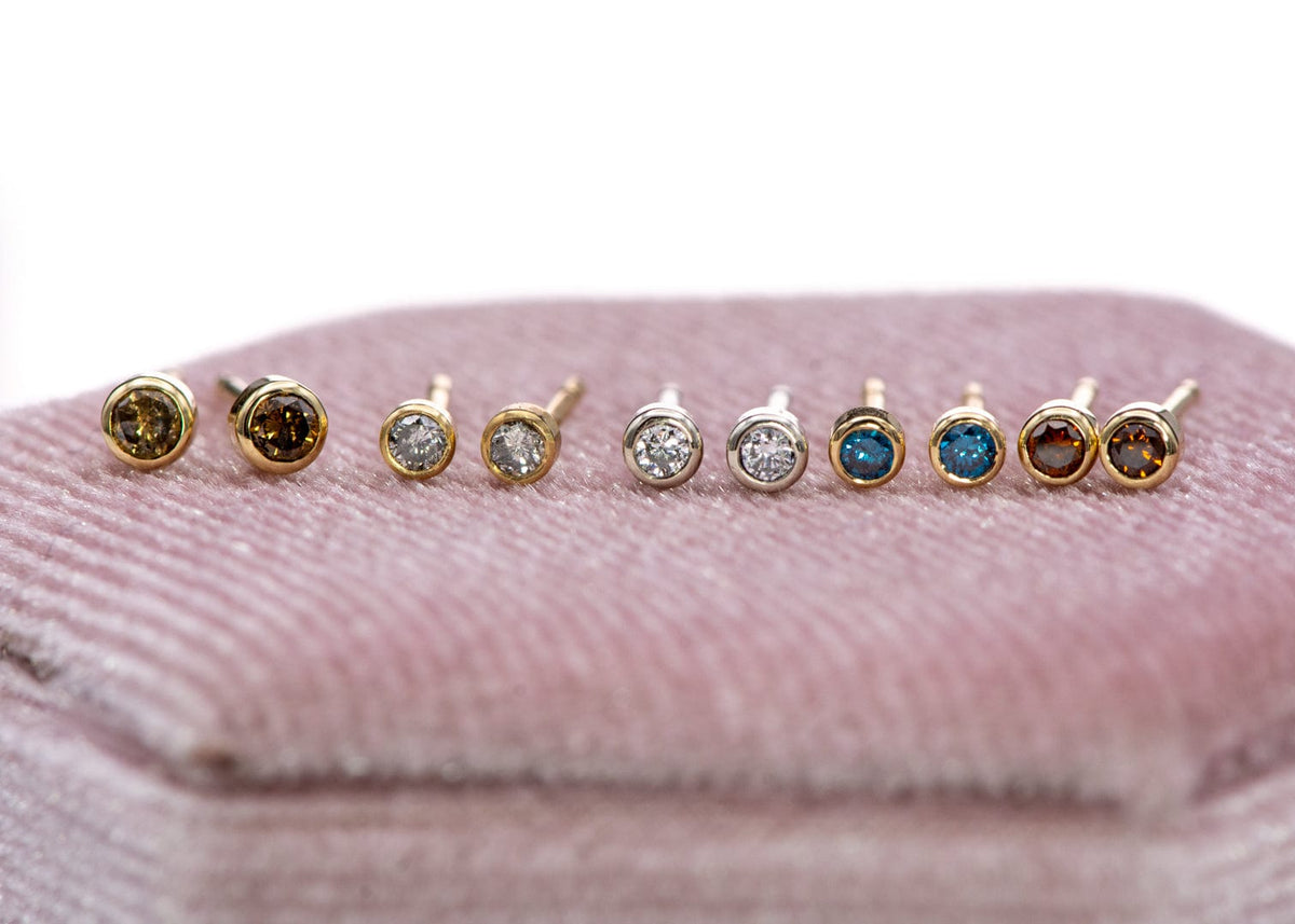 Tiny Cognac Colored Diamond Bezel Set Stud Earrings
