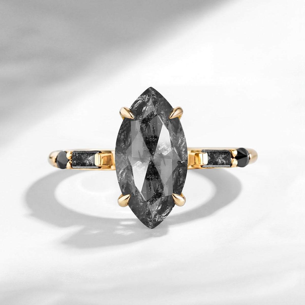 Classic Inspired - Marquise Cut Natural Salt & Pepper Diamond Engagement Ring