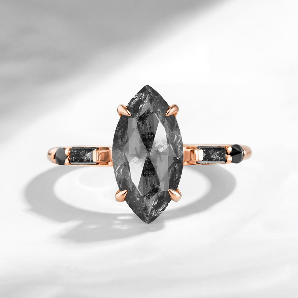 Classic Inspired - Marquise Cut Natural Salt & Pepper Diamond Engagement Ring