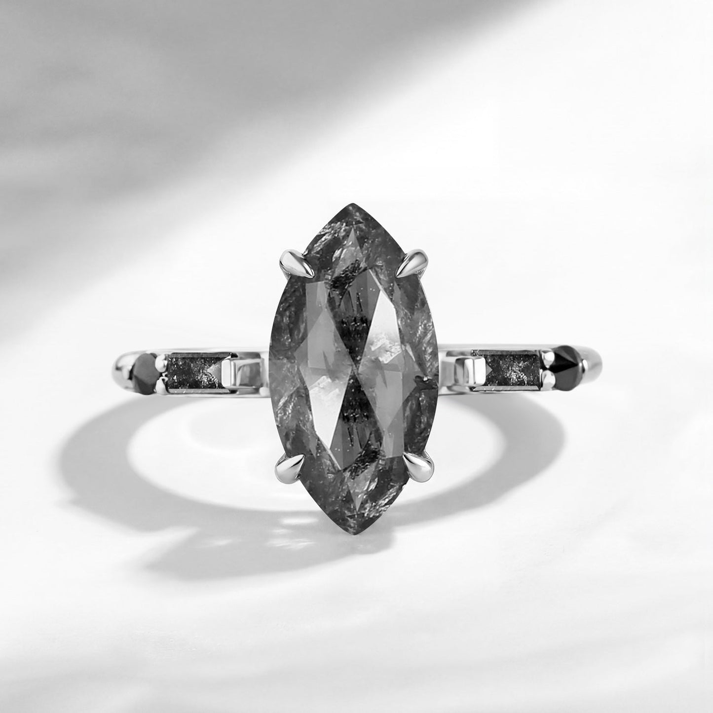 Classic Inspired - Marquise Cut Natural Salt & Pepper Diamond Engagement Ring