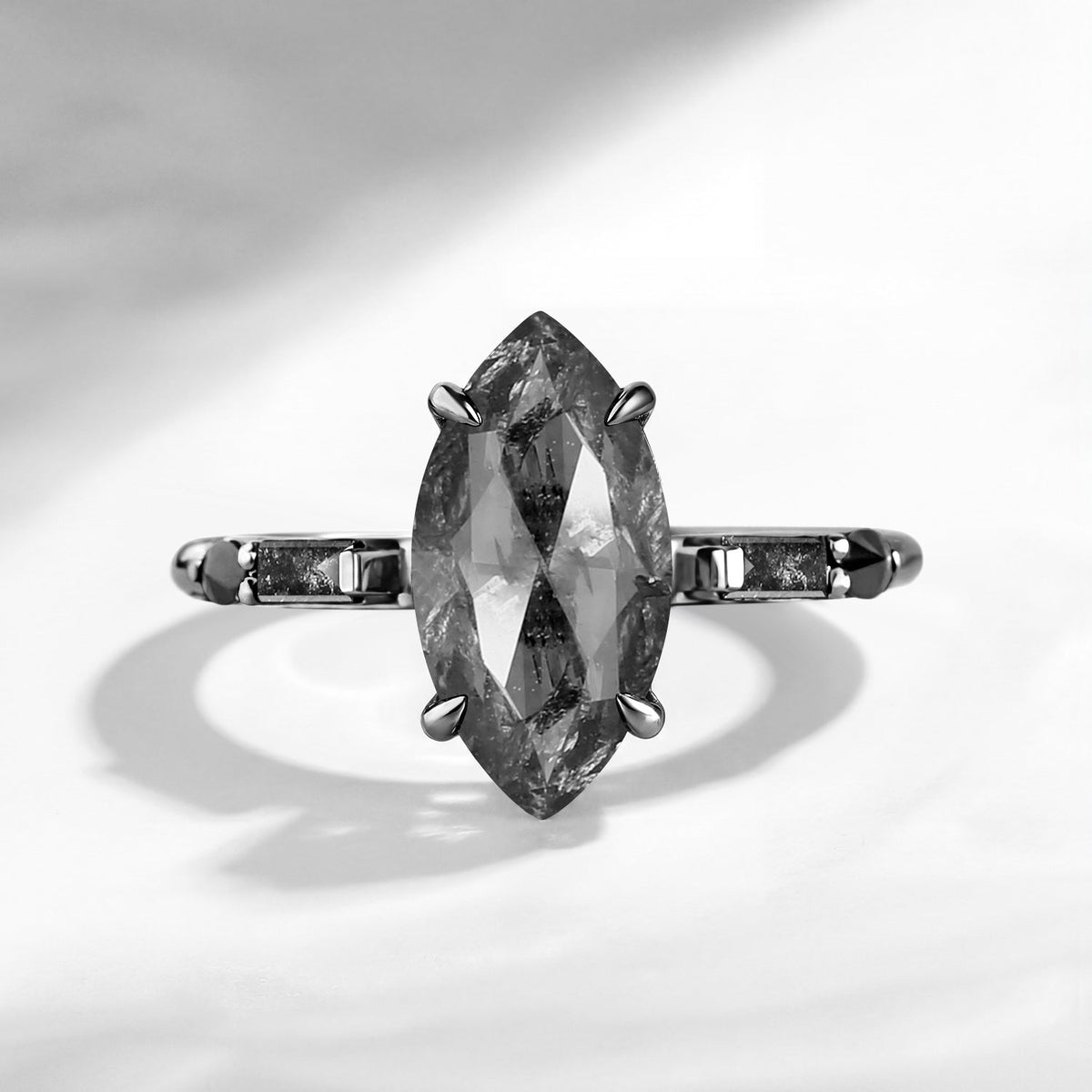 Classic Inspired - Marquise Cut Natural Salt & Pepper Diamond Engagement Ring