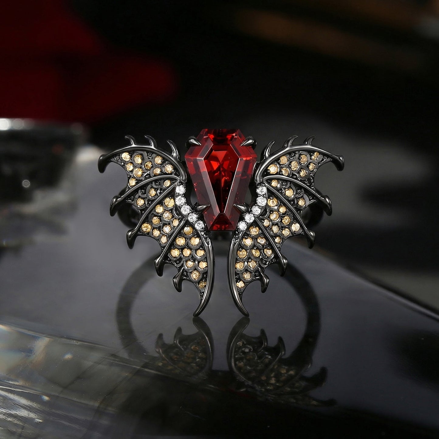 Gothic Dragon Inspired Coffin Garnet Non-Traditional Loong Black Gold Engagement Ring - Dragon Ring
