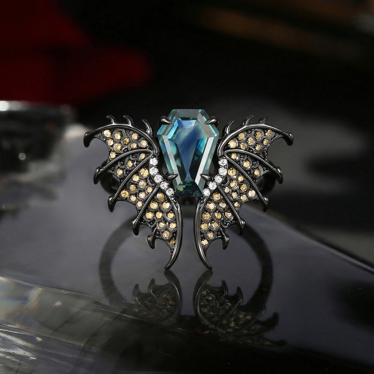 'Dragon' – Gothic One-of-a-Kind Coffin Cut Natural Teal Sapphire Engagement Ring with Diamond Accents