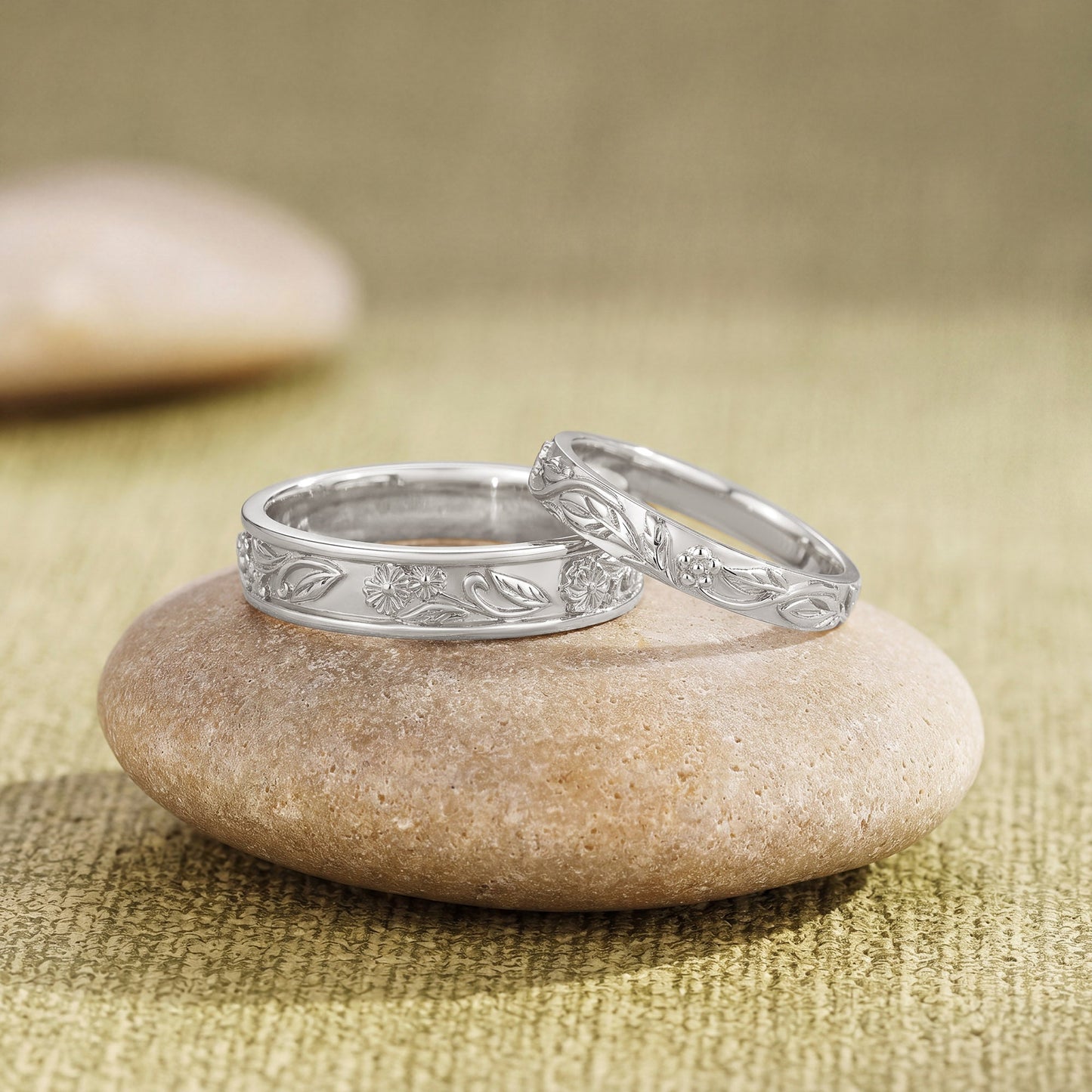 Birth Flower Engraved Leaf Promise Anniversary Couple Rings - Adelina