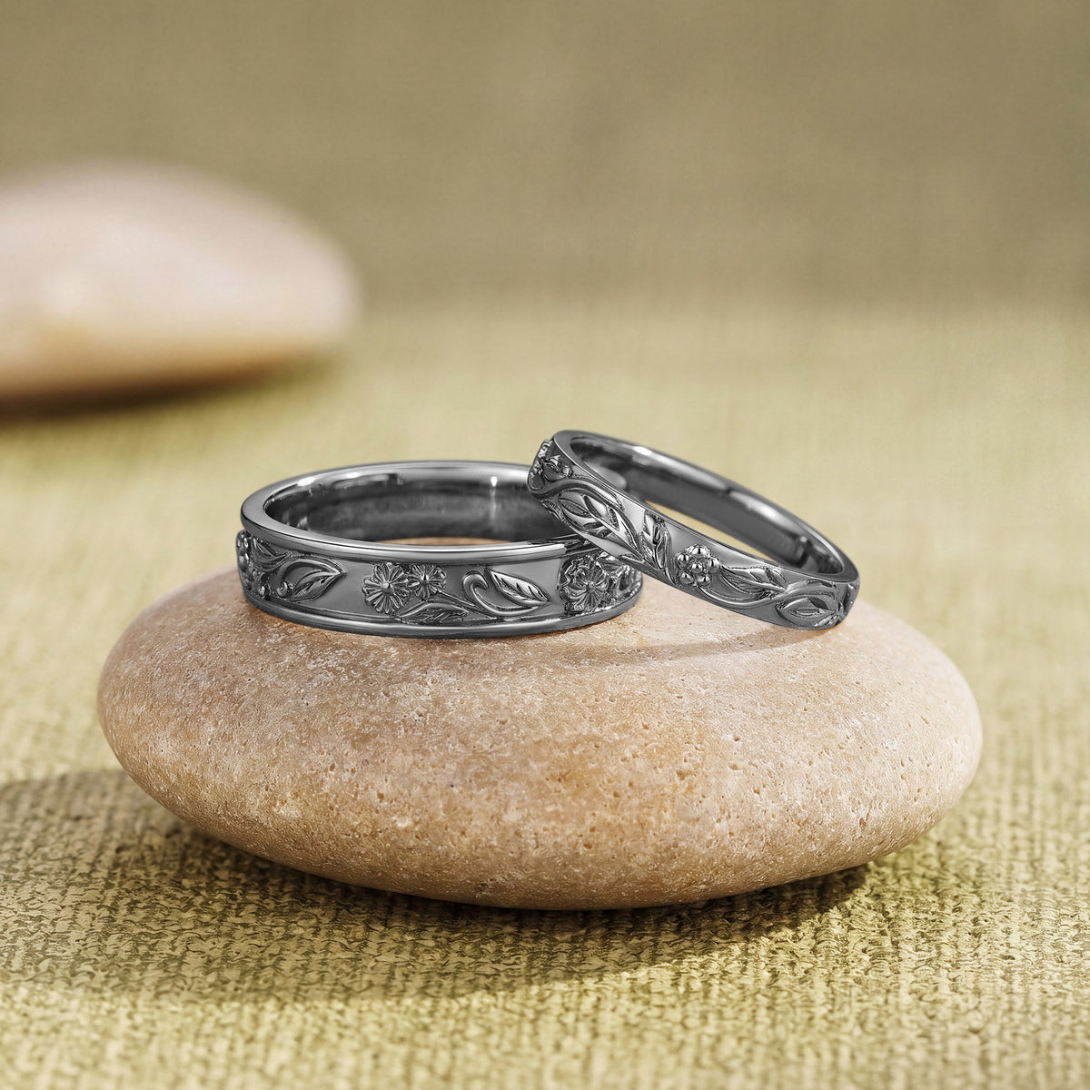 Birth Flower Engraved Leaf Promise Anniversary Couple Rings - Adelina