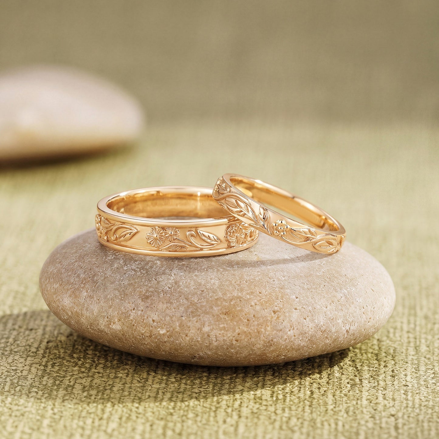 Birth Flower Engraved Leaf Promise Anniversary Couple Rings - Adelina