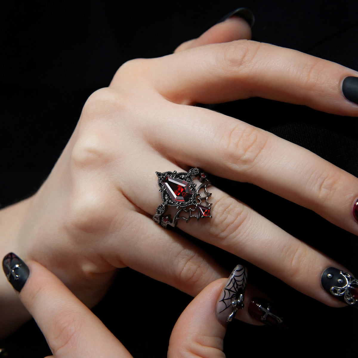 'Dark Romance' - Gothic Coffin Cut Garnet Engagement Ring Set with Bat Wings in Black Gold - Bat Ring