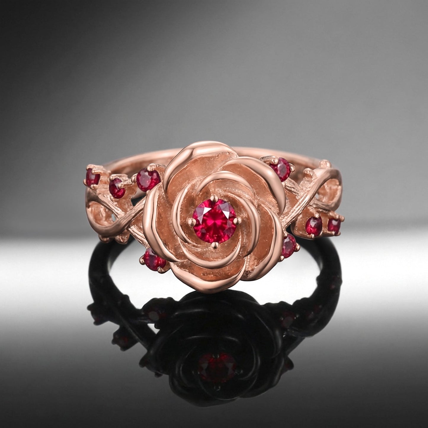 Thorns & Roses - Nature Inspired Round Lab Ruby Dark Crimson Rose Engagement Ring with Infinity Twisted Vine Band