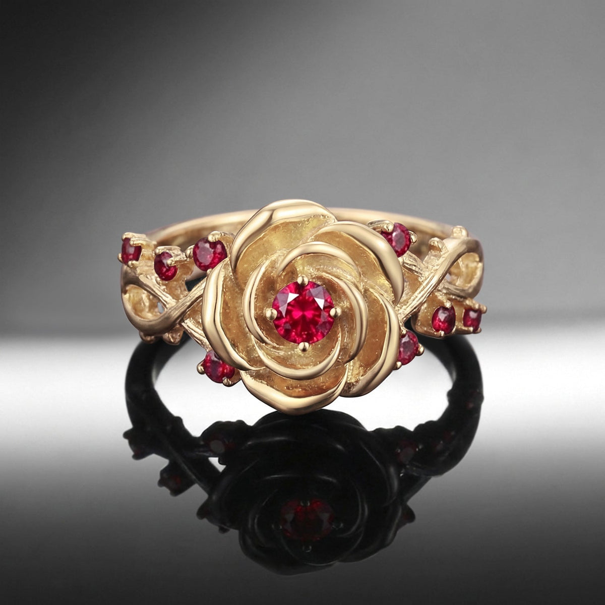 Thorns & Roses - Nature Inspired Round Lab Ruby Dark Crimson Rose Engagement Ring with Infinity Twisted Vine Band
