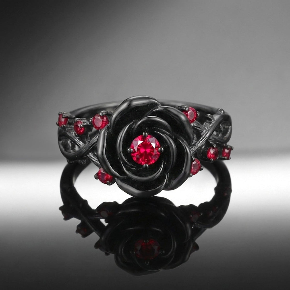 Thorns & Roses - Nature Inspired Round Lab Ruby Dark Crimson Rose Engagement Ring with Infinity Twisted Vine Band
