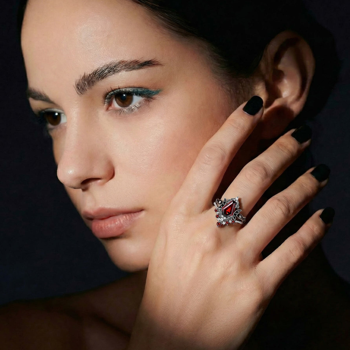 Crescent Moon | Coffin Cut Garnet Black Enamel 'Ultra Celestial' Ring Set 2pcs