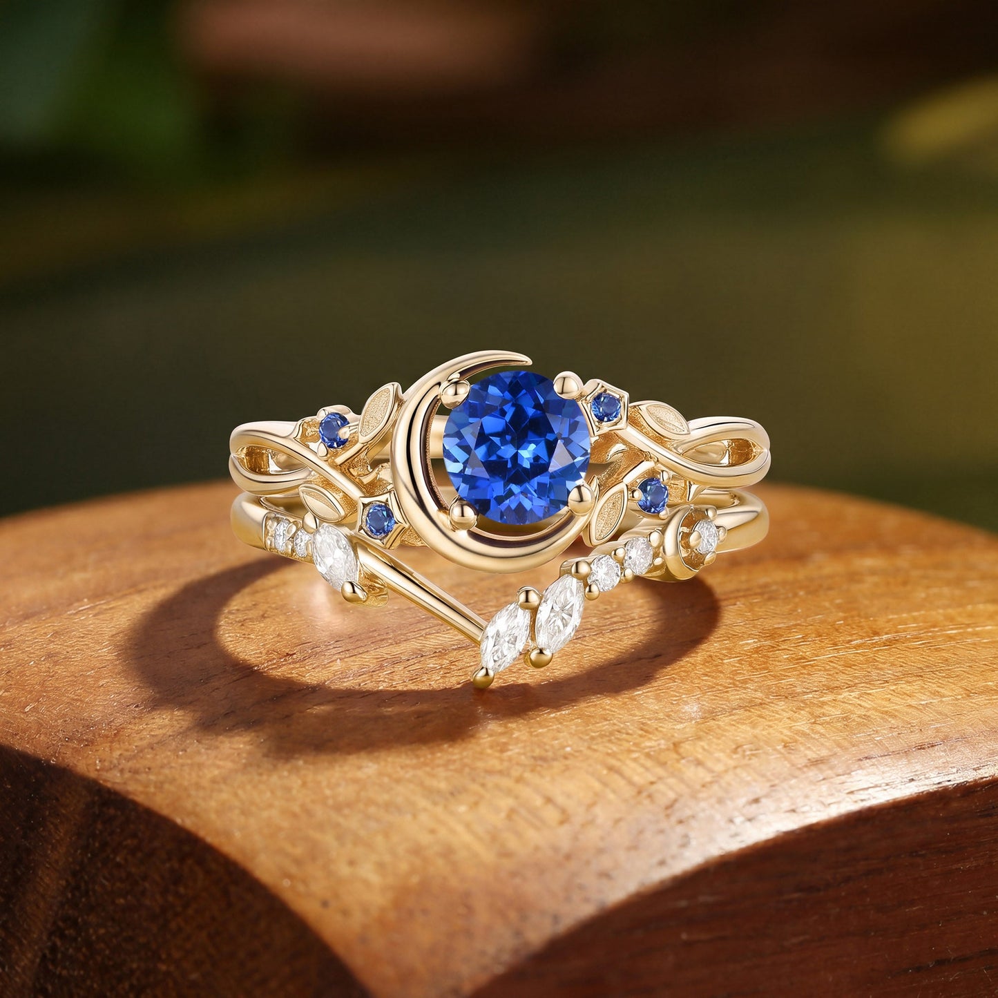 Crescent Moon & Twisted Vine Round Cut Sapphire Bridal Ring Set 2pcs - Noreen