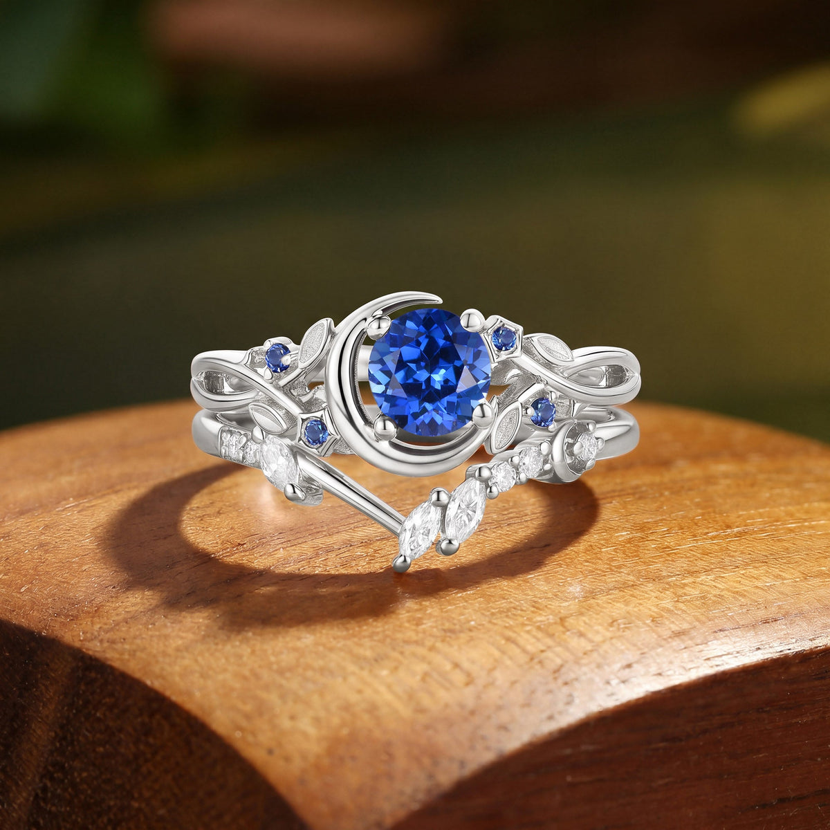Crescent Moon & Twisted Vine Round Cut Sapphire Bridal Ring Set 2pcs - Noreen