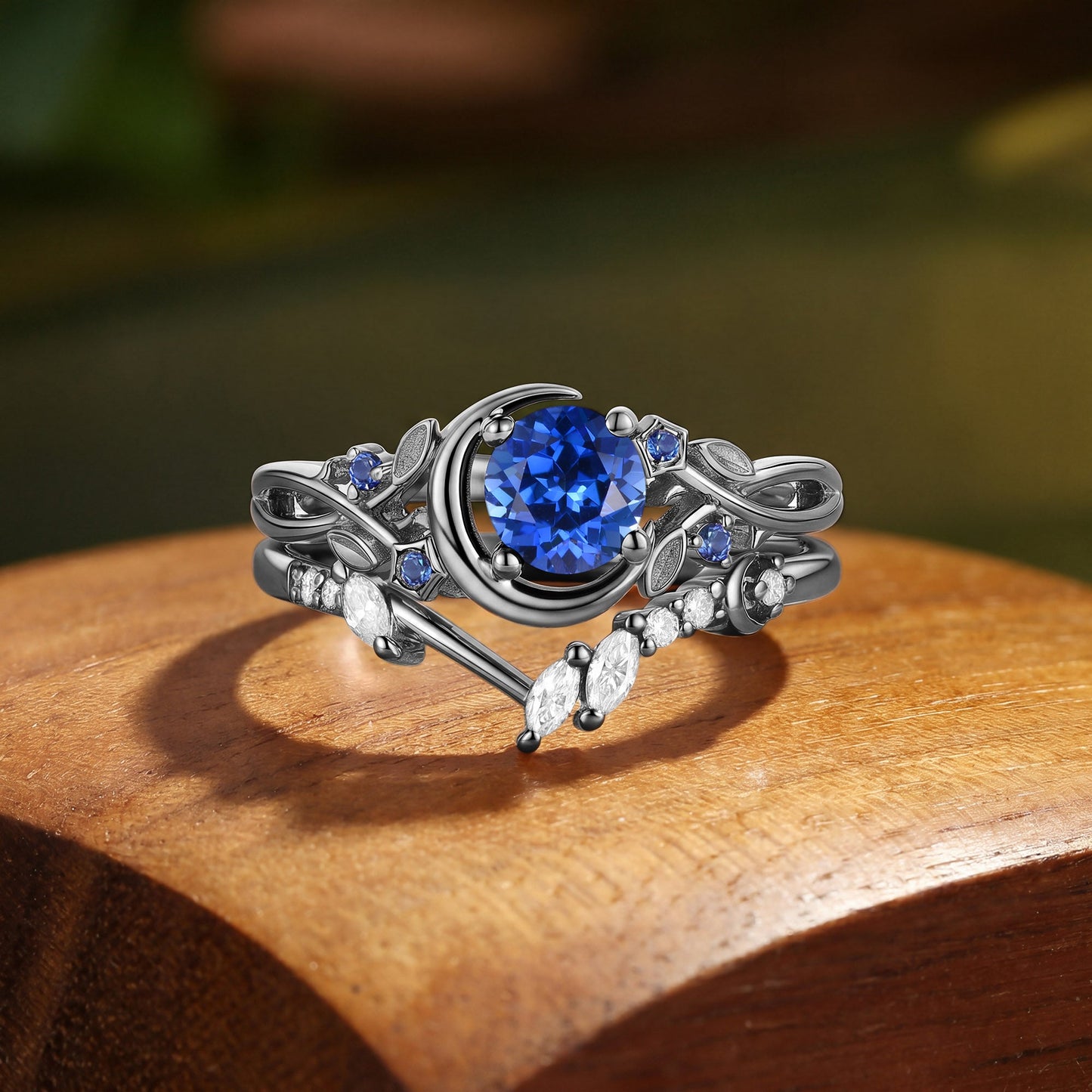 Crescent Moon & Twisted Vine Round Cut Sapphire Bridal Ring Set 2pcs - Noreen