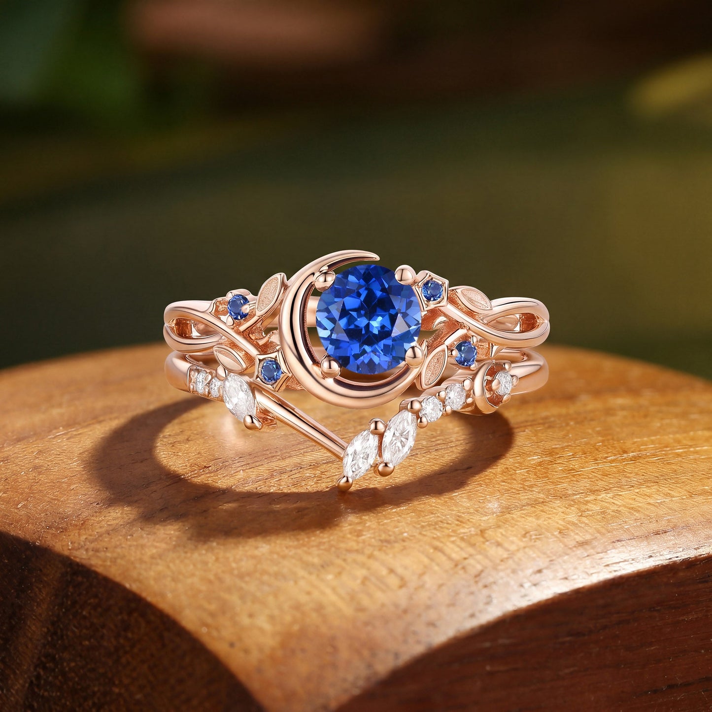 Crescent Moon & Twisted Vine Round Cut Sapphire Bridal Ring Set 2pcs - Noreen