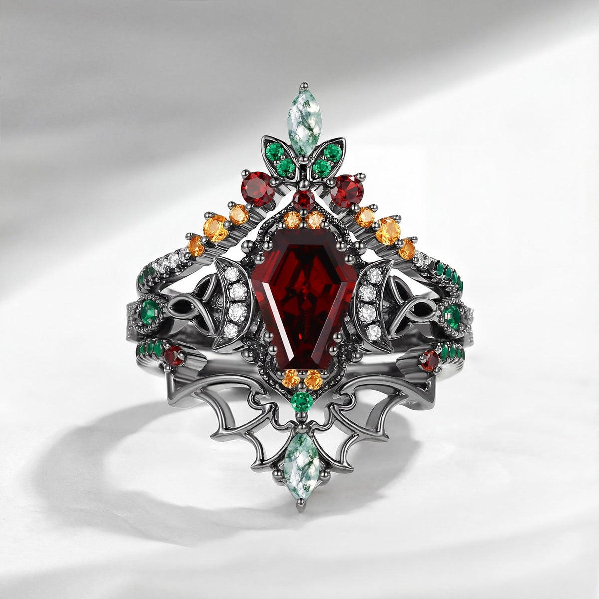 Celtic Moon - Coffin Cut Garnet Celtic Knot Engagement Ring Set In Black Gold