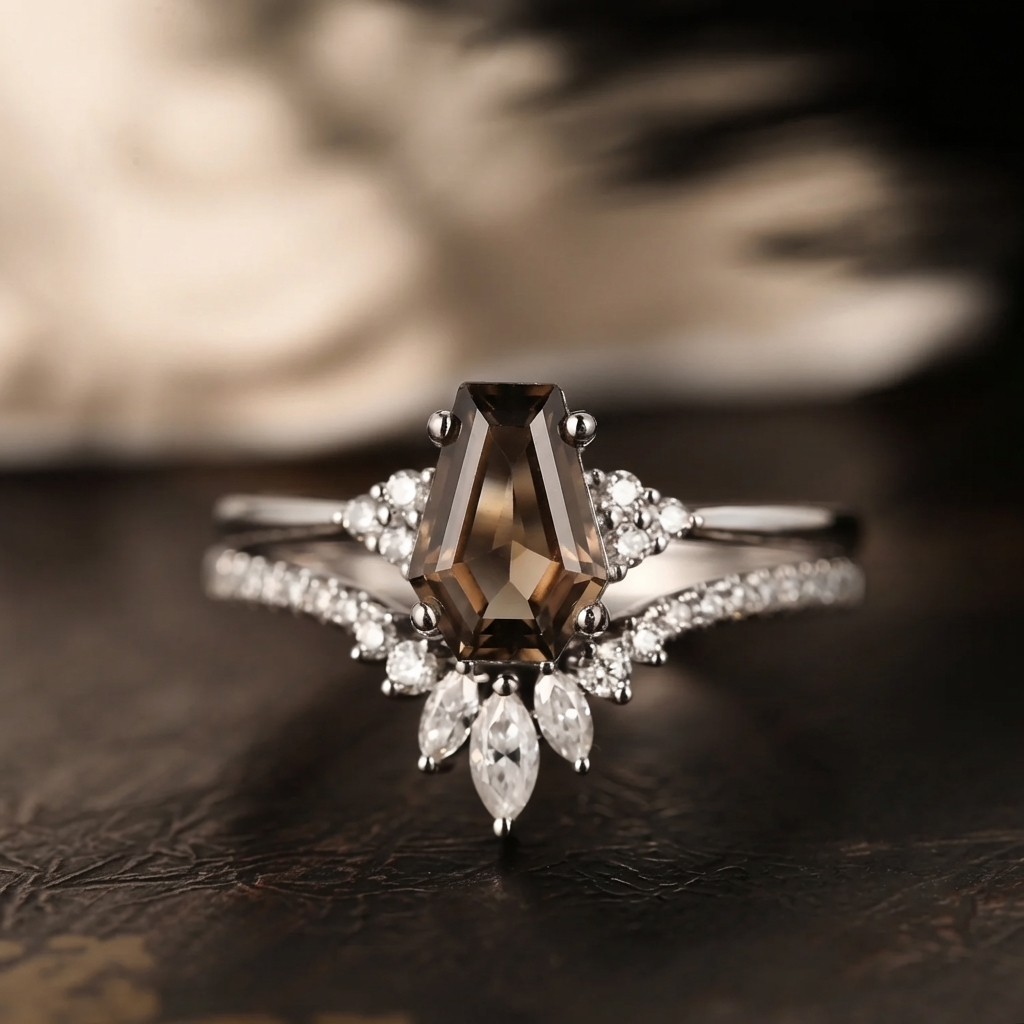Coffin Cut Smokey Quartz Alternative Engagement Ring 2pcs - White Dress