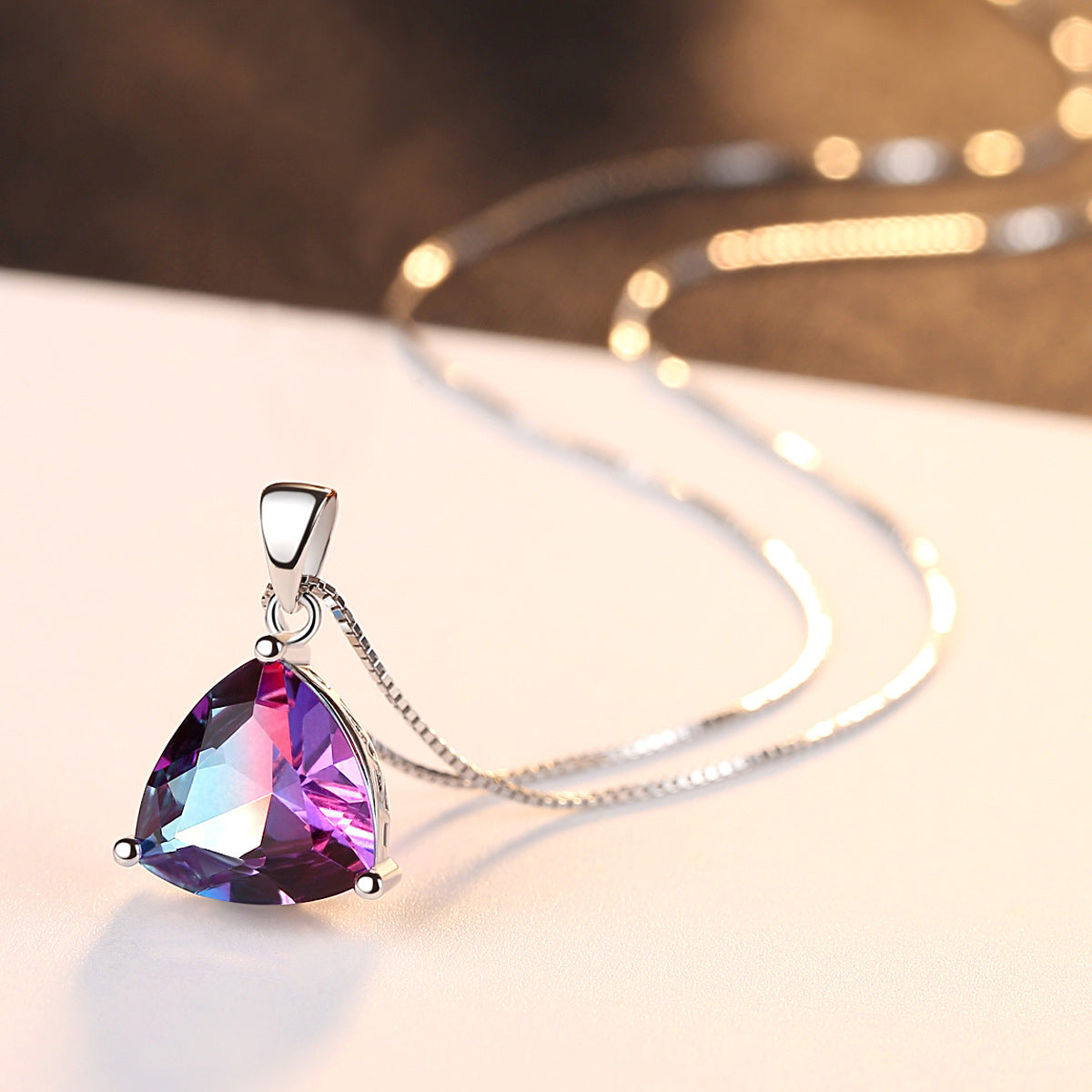 Sterling Silver Triangle Pendant Necklace, Synthetic Red Tourmaline Box Chain Choker, Minimal High-End Fashion Jewelry for Women