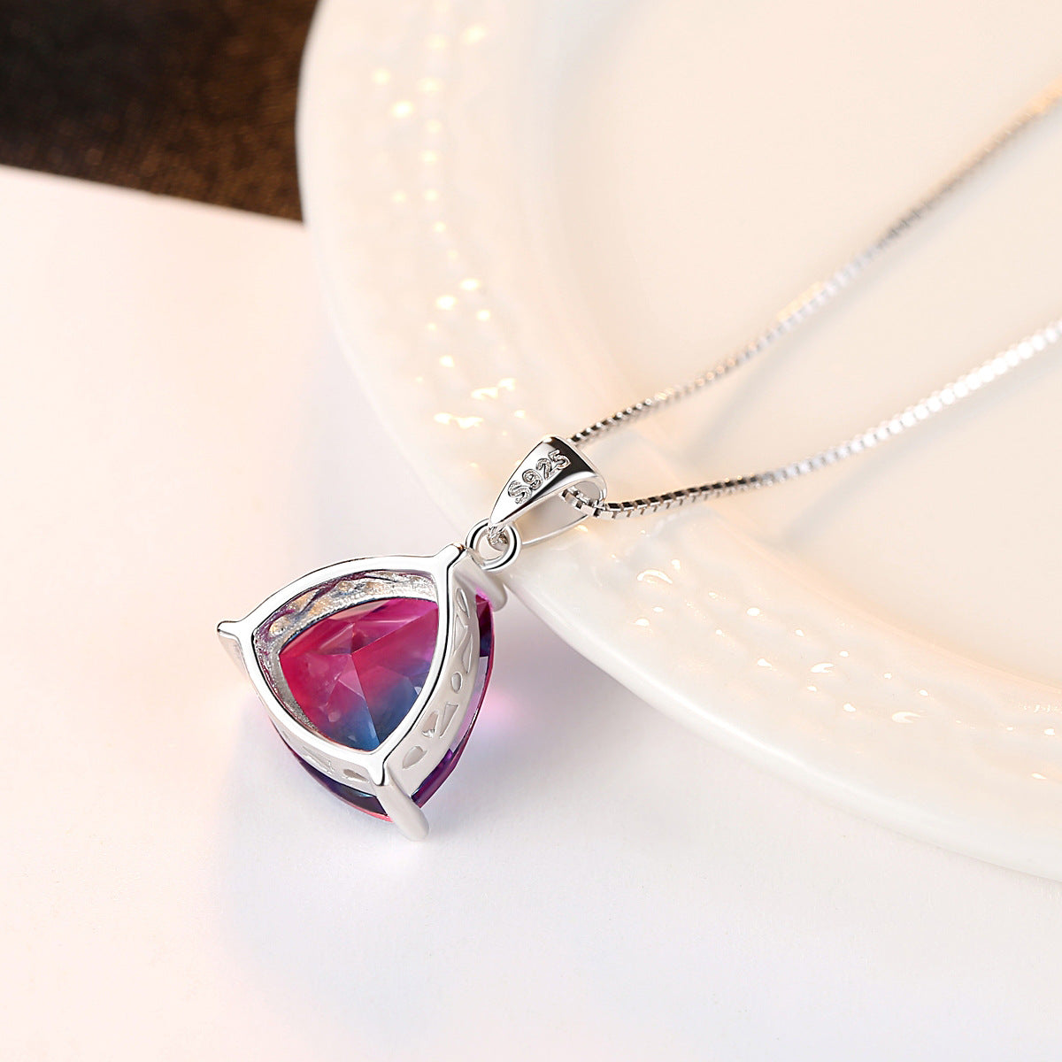 Sterling Silver Triangle Pendant Necklace, Synthetic Red Tourmaline Box Chain Choker, Minimal High-End Fashion Jewelry for Women