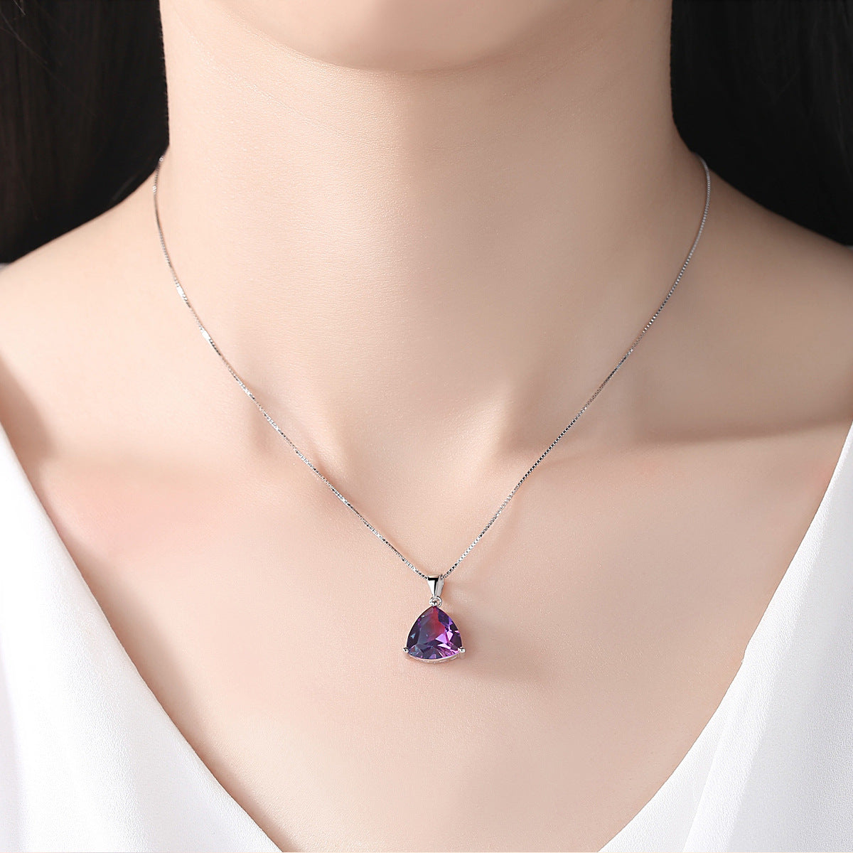 Sterling Silver Triangle Pendant Necklace, Synthetic Red Tourmaline Box Chain Choker, Minimal High-End Fashion Jewelry for Women