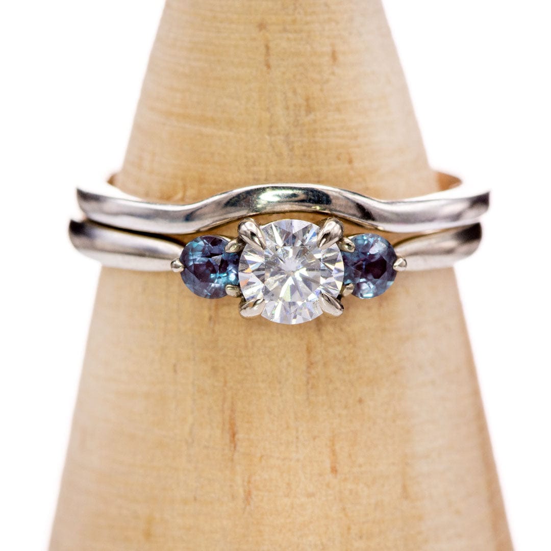 Tracy - Three Stone Diamond Prong Set Engagement Ring with Alexandrite Side Stones