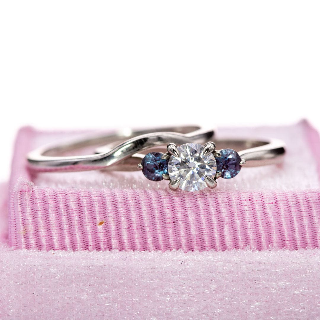 Tracy - Three Stone Diamond Prong Set Engagement Ring with Alexandrite Side Stones