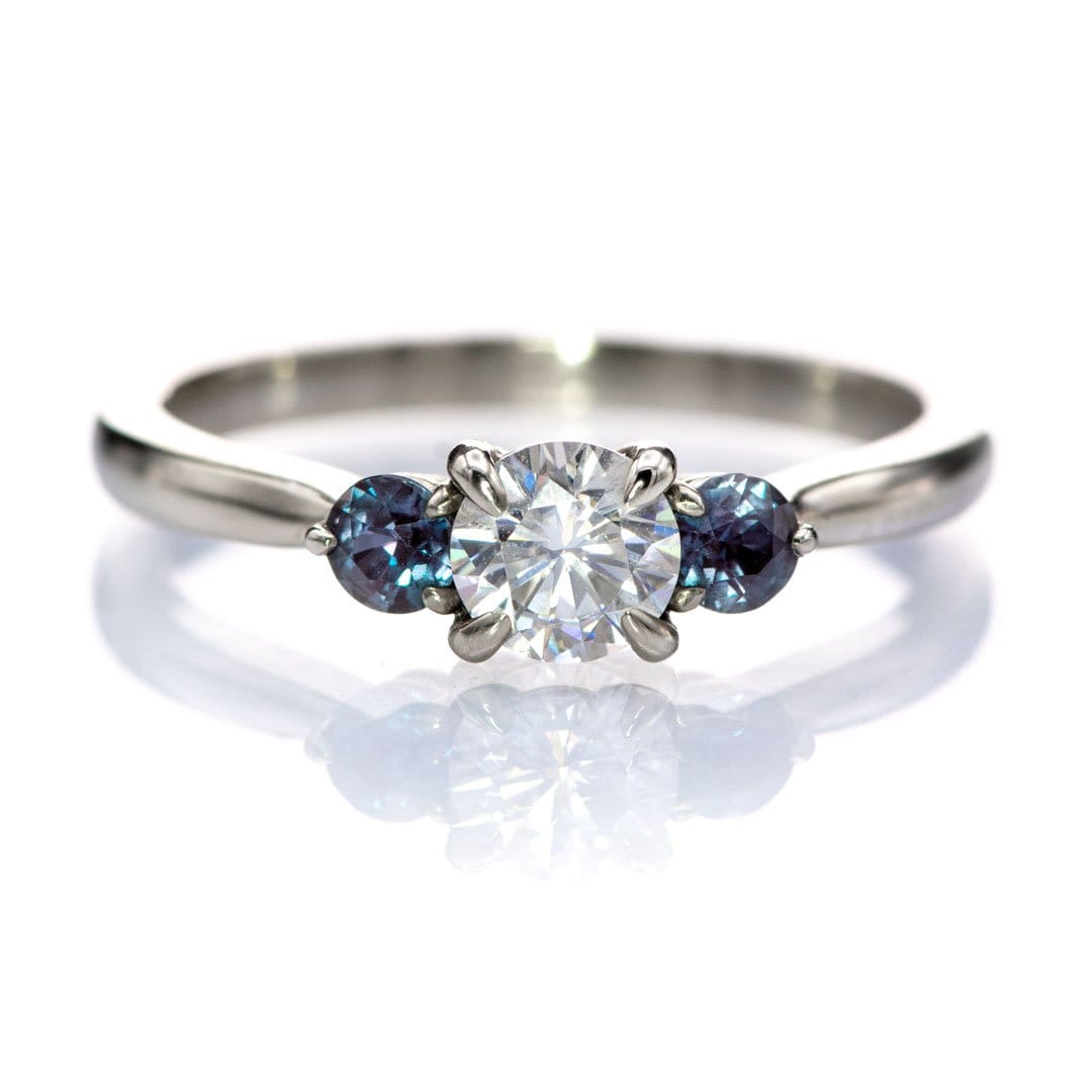Tracy - Three Stone Diamond Prong Set Engagement Ring with Alexandrite Side Stones