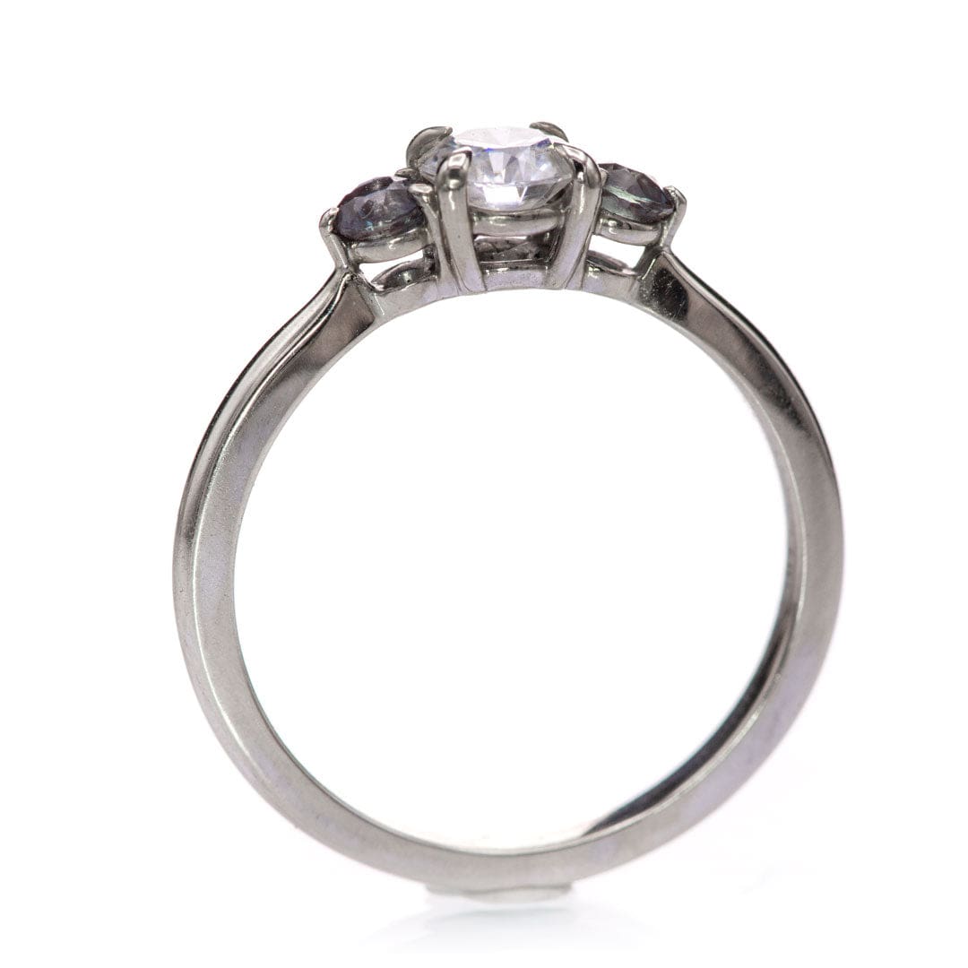 Tracy - Three Stone Diamond Prong Set Engagement Ring with Alexandrite Side Stones