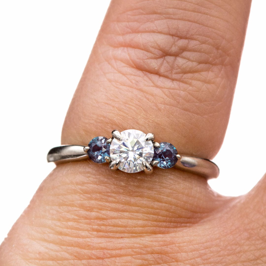Tracy - Three Stone Diamond Prong Set Engagement Ring with Alexandrite Side Stones